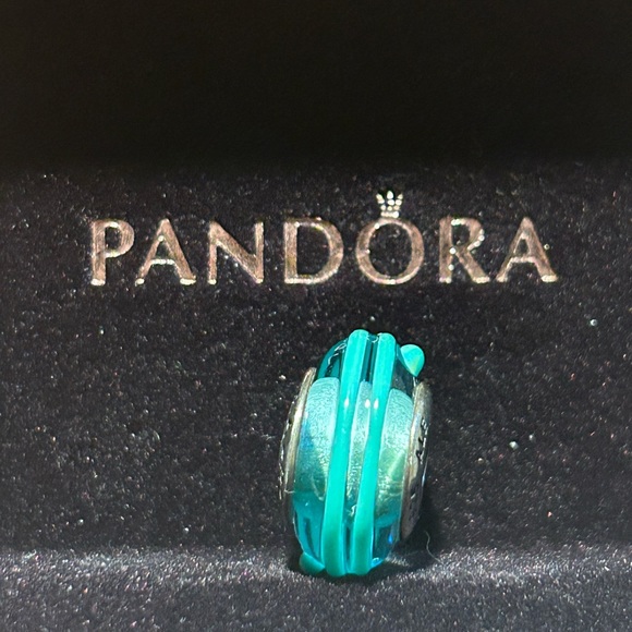 PANDORA Murano Glass Bead - Clear with teal ribbon (SS) (Retired) - Picture 1 of 4